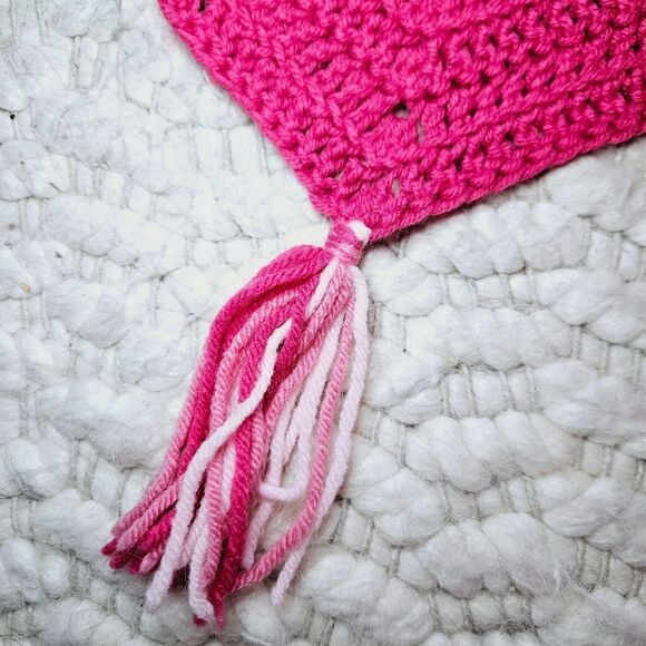 Vintage Hand Made Crochet Pink Tone Zig Zag Chevron Tassel Afghan Blanket Throw - Picture 4 of 4